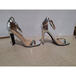 Marc Defang Silver Mirror Ankle Strap Heels Women's 8.5 Pageant Prom Bridal